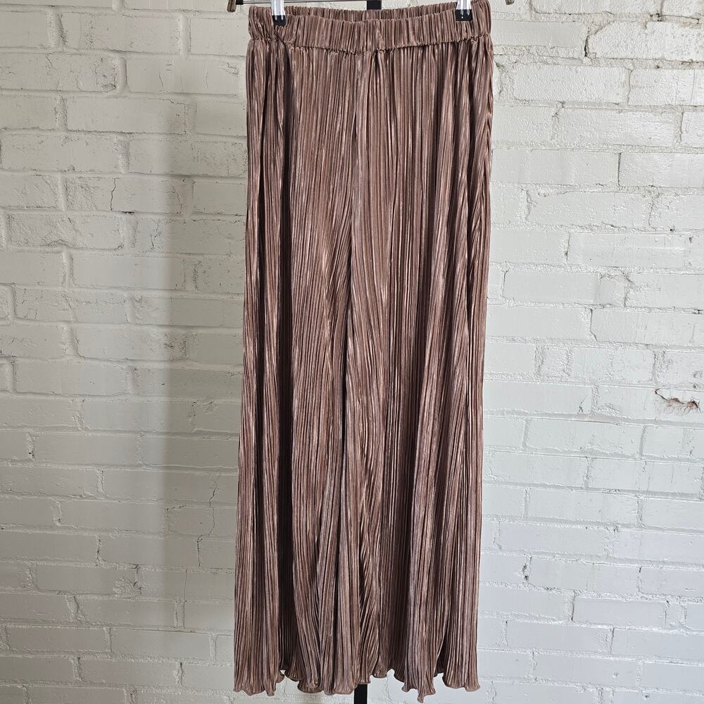 Glam Metallic Bronze Pleated Wide Leg Pants┃Disco Shimmer Plisse Palazzo Small